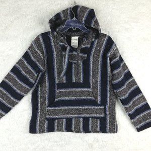 Oland Womens Baja Poncho Hoodie Mexican Blanket Blue Kangaroo Pocket‎ S